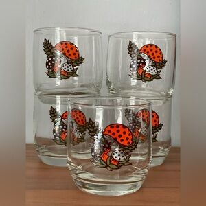 Set of 5 Vintage MCM Merry Mushroom Print 6 ounce Rocks Glasses EVC